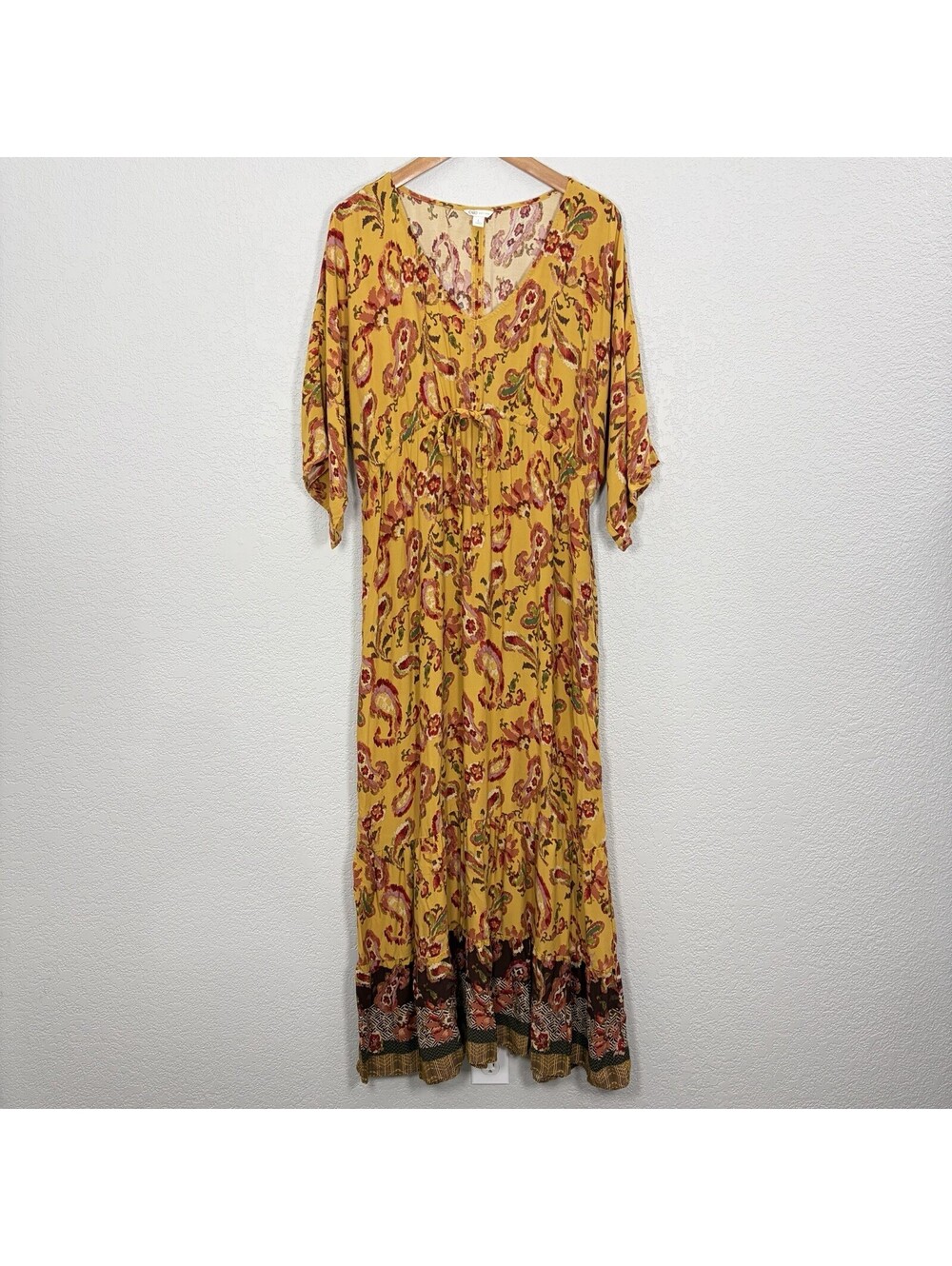 Cato Women’s L Paisley Maxi Dress Yellow Boho Western Kimono Sleeve Tie Waist